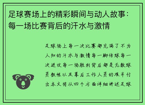 足球赛场上的精彩瞬间与动人故事：每一场比赛背后的汗水与激情
