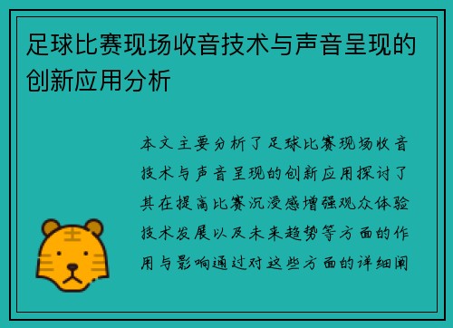 足球比赛现场收音技术与声音呈现的创新应用分析