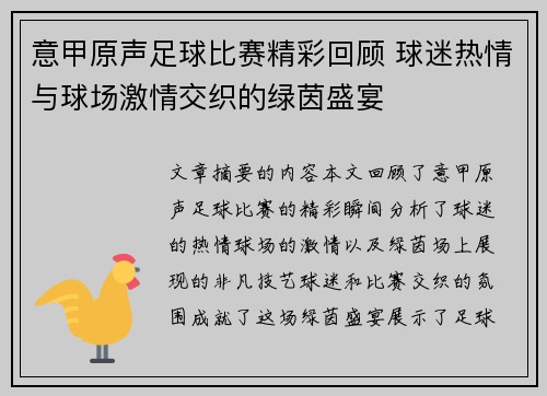 意甲原声足球比赛精彩回顾 球迷热情与球场激情交织的绿茵盛宴