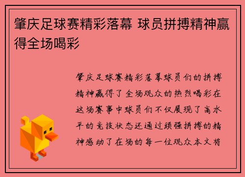 肇庆足球赛精彩落幕 球员拼搏精神赢得全场喝彩