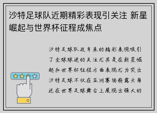 沙特足球队近期精彩表现引关注 新星崛起与世界杯征程成焦点