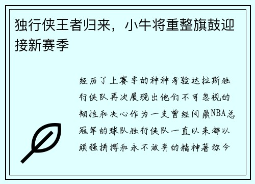 独行侠王者归来，小牛将重整旗鼓迎接新赛季