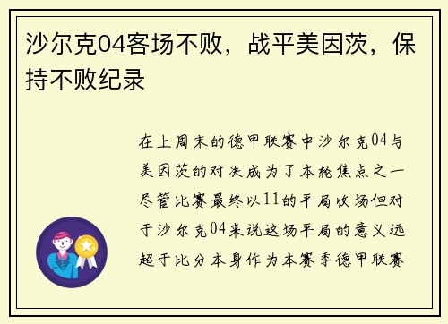 沙尔克04客场不败，战平美因茨，保持不败纪录