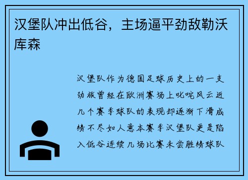汉堡队冲出低谷，主场逼平劲敌勒沃库森