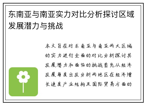 东南亚与南亚实力对比分析探讨区域发展潜力与挑战