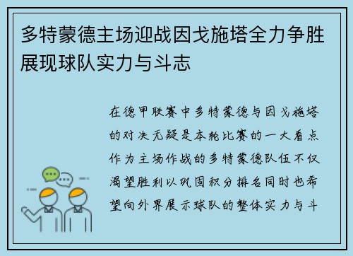 多特蒙德主场迎战因戈施塔全力争胜展现球队实力与斗志