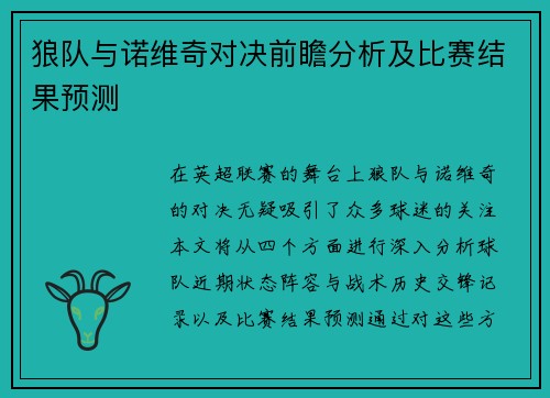 狼队与诺维奇对决前瞻分析及比赛结果预测
