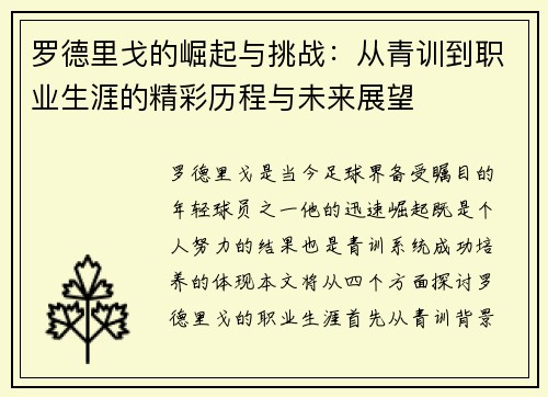 罗德里戈的崛起与挑战：从青训到职业生涯的精彩历程与未来展望