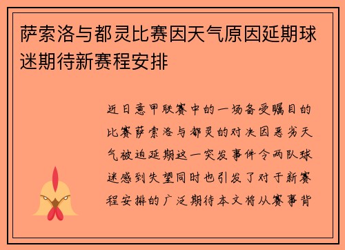 萨索洛与都灵比赛因天气原因延期球迷期待新赛程安排