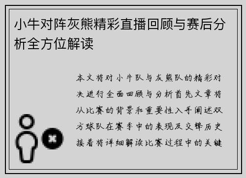 小牛对阵灰熊精彩直播回顾与赛后分析全方位解读