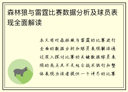 森林狼与雷霆比赛数据分析及球员表现全面解读