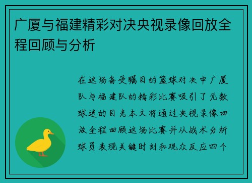 广厦与福建精彩对决央视录像回放全程回顾与分析