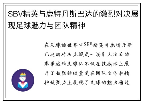 SBV精英与鹿特丹斯巴达的激烈对决展现足球魅力与团队精神