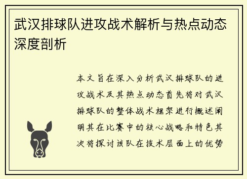 武汉排球队进攻战术解析与热点动态深度剖析