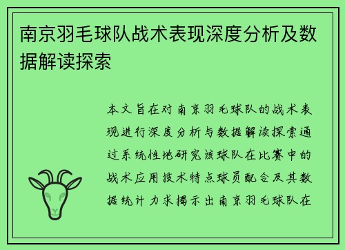 南京羽毛球队战术表现深度分析及数据解读探索