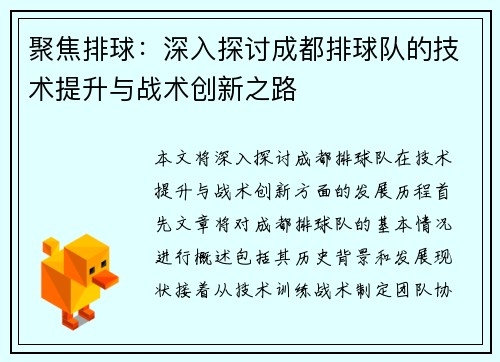 聚焦排球：深入探讨成都排球队的技术提升与战术创新之路